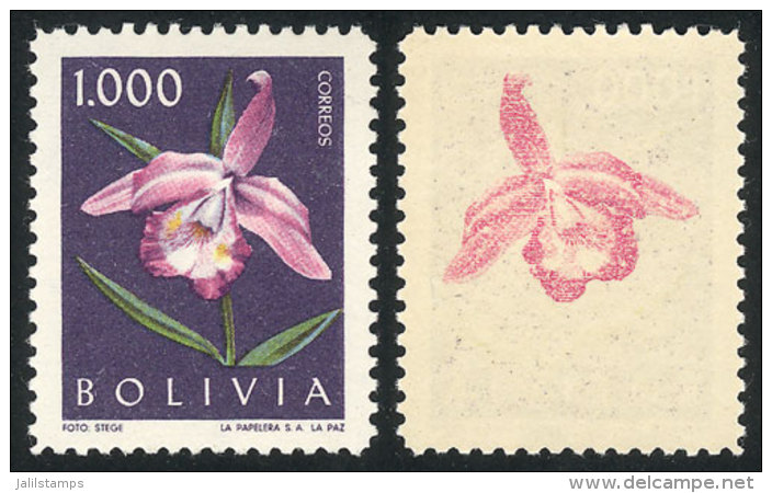 Sc.462, 1962 1,000B. Orchid With VARIETY: Offset Impression Of The Flower On Back, VF! - Bolivia