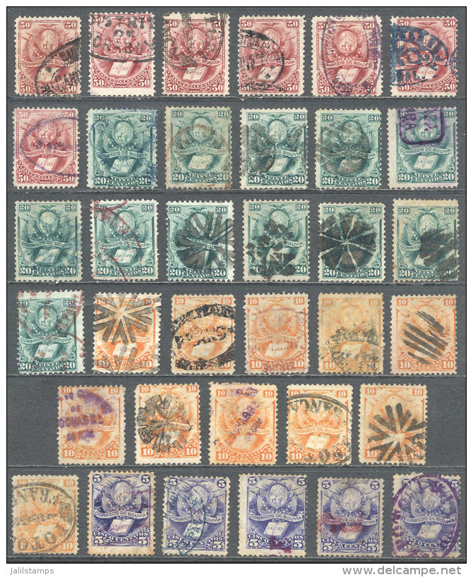 Lot Of Many Stamps From The 1878 Issue (Yvert 19/22, Coat Of Arms And Book), With Some Rare And Scarce CANCELS, The... - Bolivia