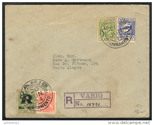 Registered Airmail Cover Sent From Livramento To Porto Alegre On 20/JUN/1934 By VARIG, Very Nice! - Storia Postale