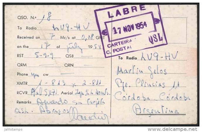 QSL Card Sent From Rio To Argentina On 17/NO/1954, Stampless, With Special Violet Mark, VF Quality! - Lettres & Documents