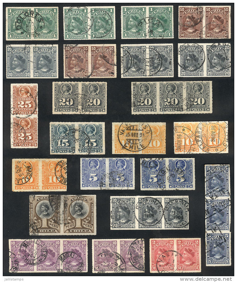 23 Pairs Or Strips Of Old Stamps, Used, With Some Interesting Cancels, VF Quality! - Cile