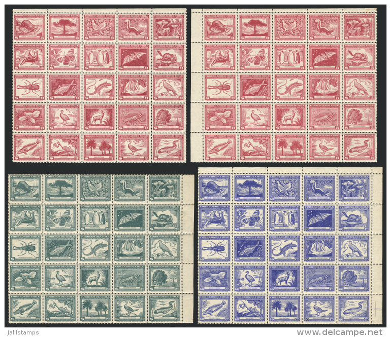 8 Blocks Of 25 Stamps Each, Issue Of Chilean Fauna And Flora Of The Year 1948, One Cancelled To Order, Of The Rest... - Cile