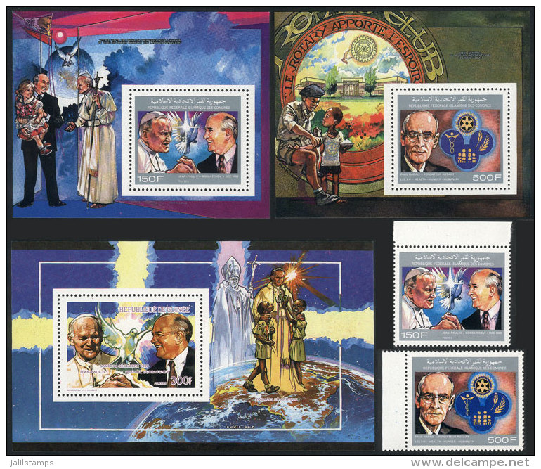 Issues Of 1989: Pope And Rotary, 2 Stamps + 3 Souvenir Sheets, Excellent Quality! - Comores (1975-...)