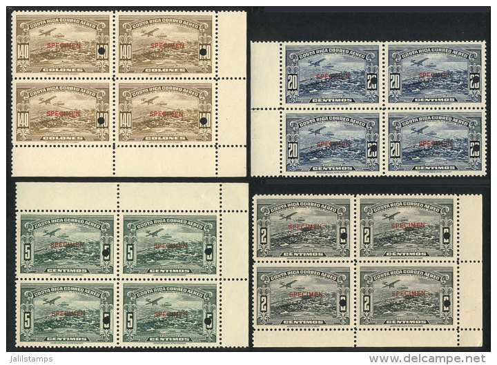 Sc.C31/38, 1937 Puntarenas Expo (airplane, Ship), Compl. Set Of 4 Values In Blocks Of 4 With SPECIMEN Overprint And... - Costa Rica