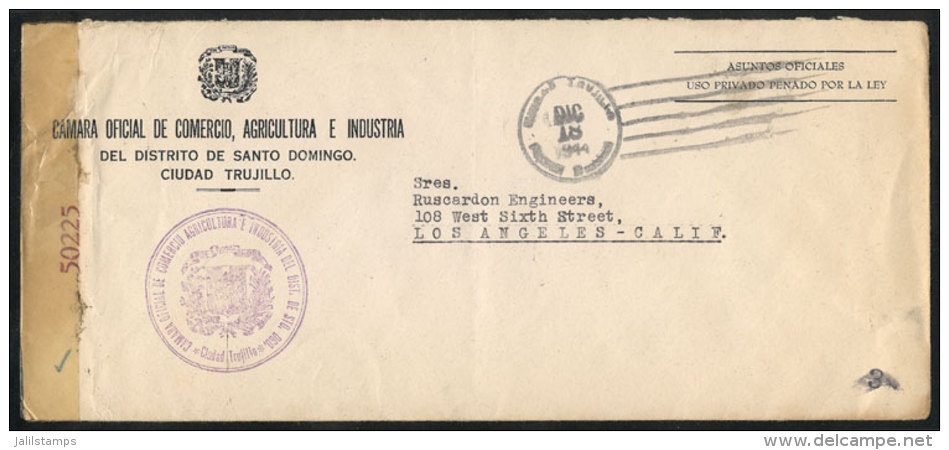 Official Cover Sent From Ciudad Trujillo To USA On 18/DE/1944, With Censor Label Of World War II, VF! - Dominicaine (République)