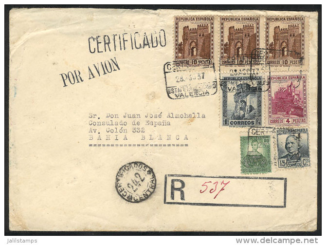 Registered Airmail Cover Sent From Valencia To Argentina On 28/AU/1937 Franked With 35.35Ptas., VF Quality And... - Altri & Non Classificati