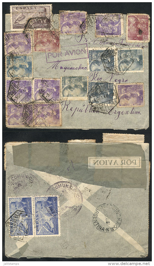 Airmail Cover Sent From Barcelona To Argentina On 30/OC/1940 With Colorful Postage Of 6.50Pts., With Defect... - Altri & Non Classificati