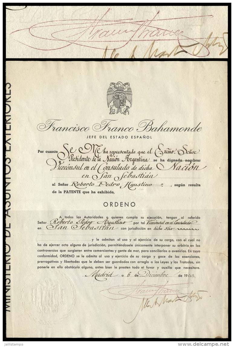 Diploma Of 6/DE/1948 Signed By FRANCISCO FRANCO, Excellent Quality! - Autres & Non Classés