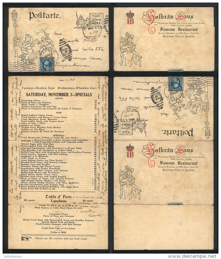 Folded Postcard With Menu Of Restaurant Hofbr&auml;u Haus, In New Haven, Sent To Argentina On 3/NO/1917 Franked... - Storia Postale