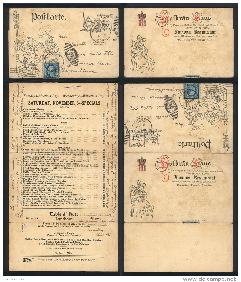Folded Postcard With Menu Of Restaurant Hofbr&auml;u Haus, In New Haven, Sent To Argentina On 3/NO/1917 Franked... - Marcophilie
