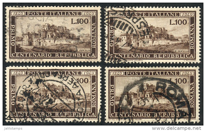 Yvert 537, 1949 100L. Repubblica, 4 Used Examples Of VF Quality, Catalog Value Euros 500. - Non Classés