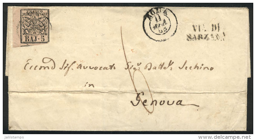 Folded Cover Sent From Roma To Genova On 11/AP/1853, Franked With Sc.6 Of Vatican States, Very Nice! - Non Classés