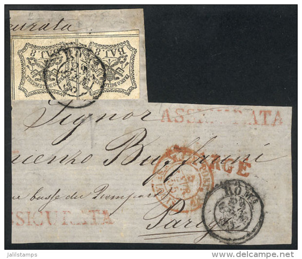 Fragment Of A Letter Sent By Insured Post From Roma To Paris On 22/FE/1855, With A Pair Of Sc.9 Of Vatican States,... - Non Classificati