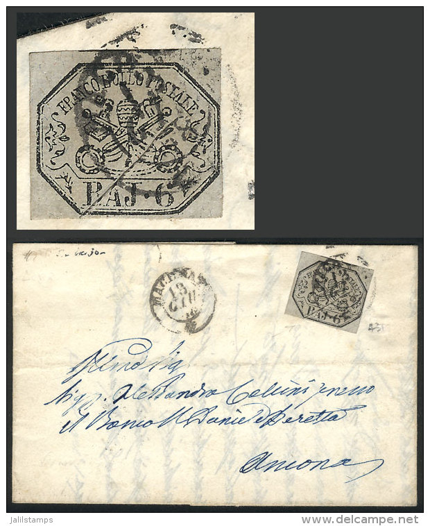 Entire Letter Sent From Macerata To Ancona On 13/JUN/1858, Franked With Sc.6 Of Vatican States, With VARIETY:... - Non Classificati