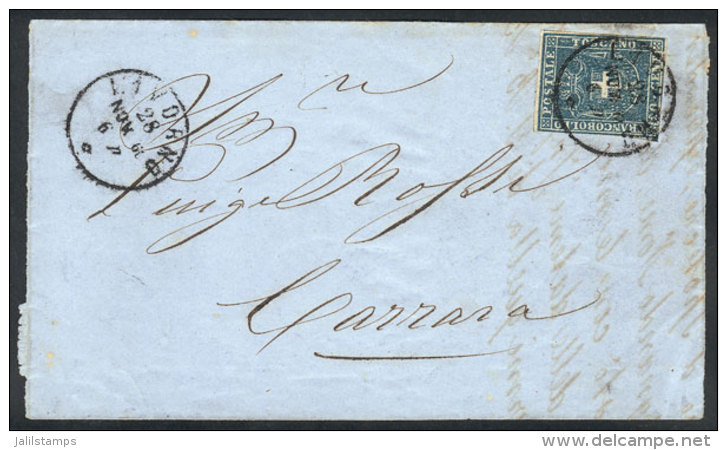 Large Part Of A Folded Cover Sent From Livorno To Carrara On 28/NO/1860, Franked By Sc.20 (20c. Blue) Of Toscana,... - Non Classificati