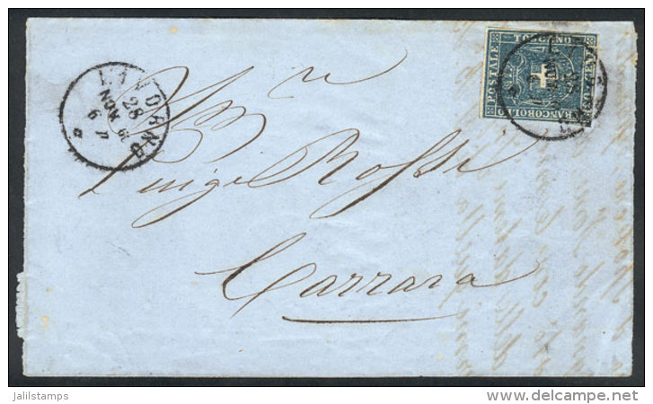 Large Part Of A Folded Cover Sent From Livorno To Carrara On 28/NO/1860, Franked By Sc.20 (20c. Blue) Of Toscana,... - Non Classés