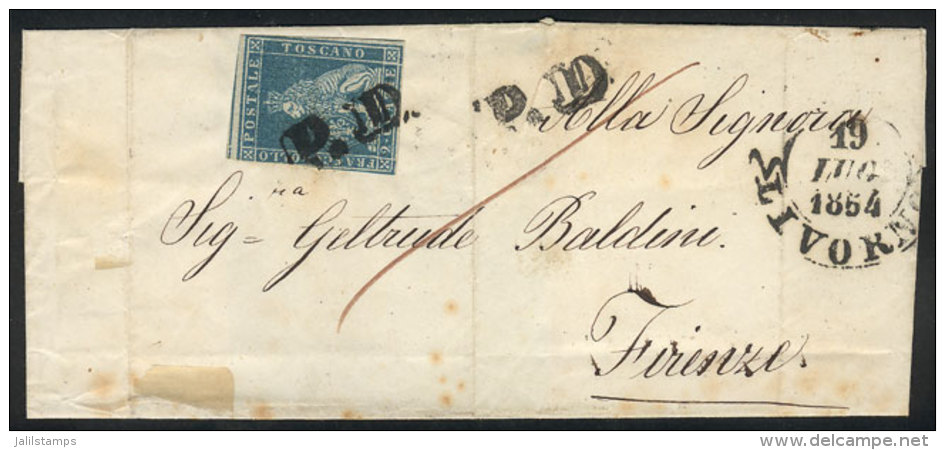 Folded Cover Sent From Livorno To Firenze On 19/JUL/1864, Franked By Sc.5 (2Cr. Blue) Of Toscana, Catalog Value... - Non Classificati