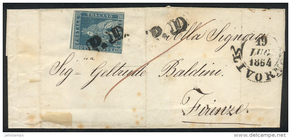 Folded Cover Sent From Livorno To Firenze On 19/JUL/1864, Franked By Sc.5 (2Cr. Blue) Of Toscana, Catalog Value... - Non Classés