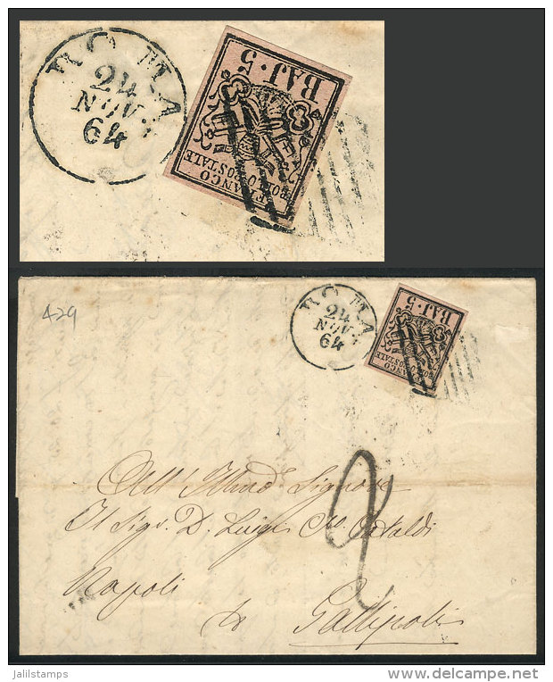 Folded Cover Sent From Roma To Gallipoli On 24/NO/1864, Franked By Sc.6 Of Vatican States (US$50 On Cover!), Very... - Non Classificati