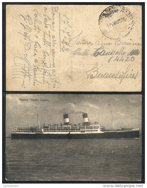 Postcard With View Of Steamer "Giulio Cesare" Posted At Sea WITHOUT POSTAGE On 17/JUL/1922 To Buenos Aires, Arrival... - Non Classés