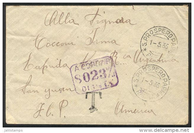 Cover Sent Without Postage From S. Prospero To San Juan (Argentina) On 1/MAY/1935, With Interesting POSTAGE DUE... - Non Classés
