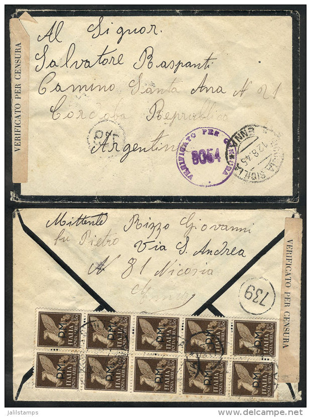 Mourning Cover Sent From Enna To Argentina On 12/AU/1945, Franked On Reverse With Block Of 10 Stamps Of 50c. POSTA... - Non Classificati
