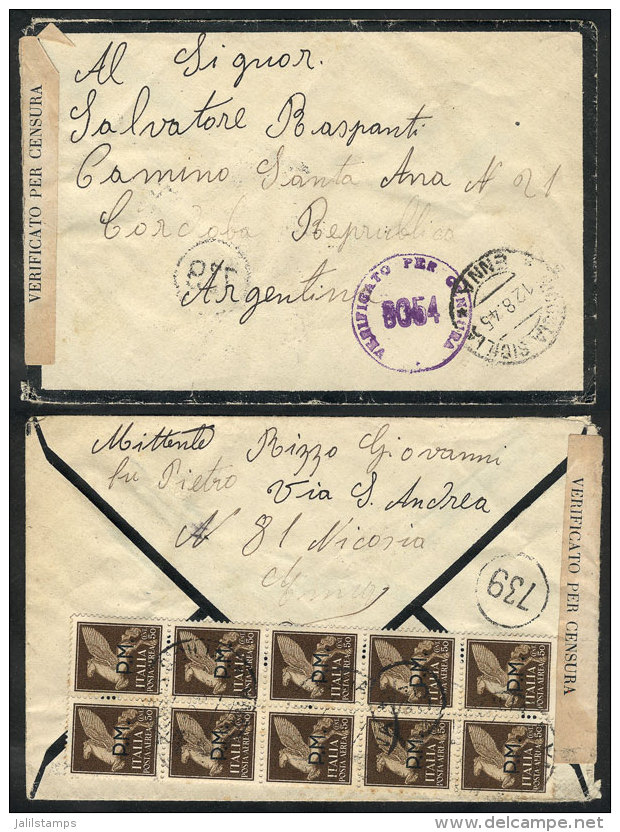 Mourning Cover Sent From Enna To Argentina On 12/AU/1945, Franked On Reverse With Block Of 10 Stamps Of 50c. POSTA... - Non Classés