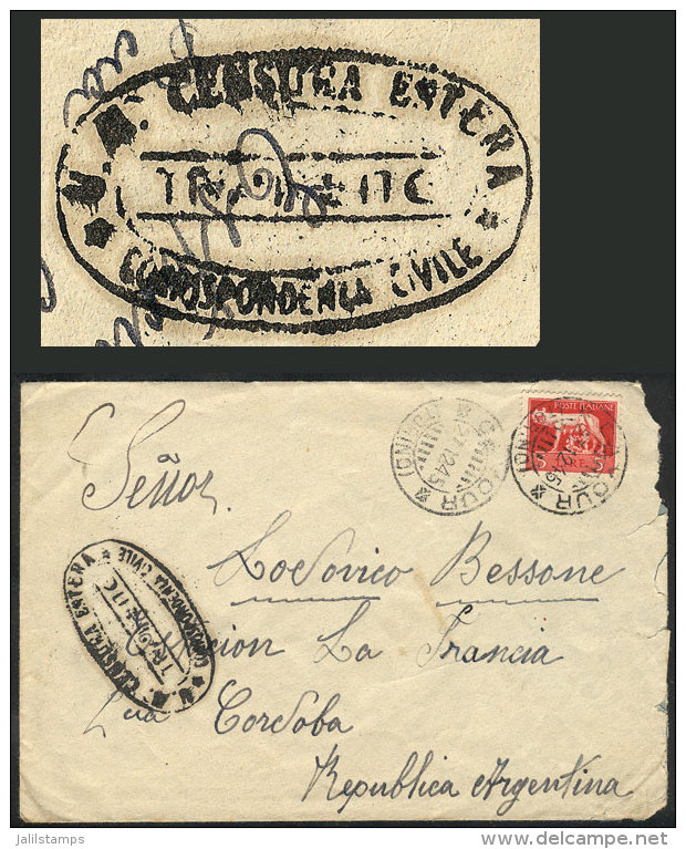 Cover Franked With 5L., Sent From Cavour To Argentina On 21/DE/1945, With Interesting Oval Censor Mark! - Non Classés