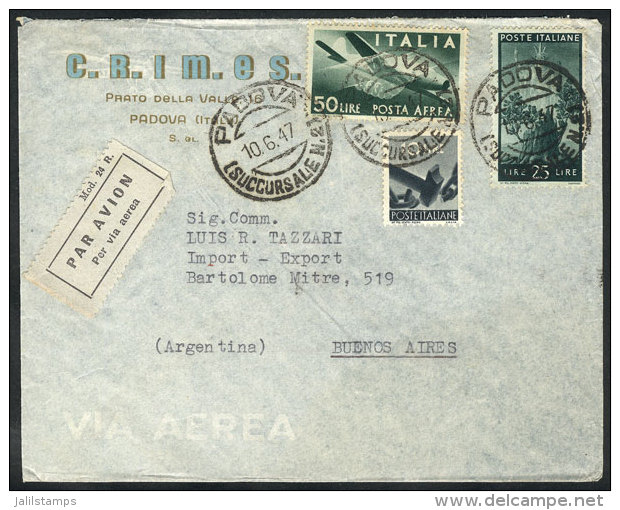 Airmail Cover Franked With 85L. Including The Airmail 50L. Green, Sent From Padova To Argentina On 10/JUN/1947, VF... - Non Classés