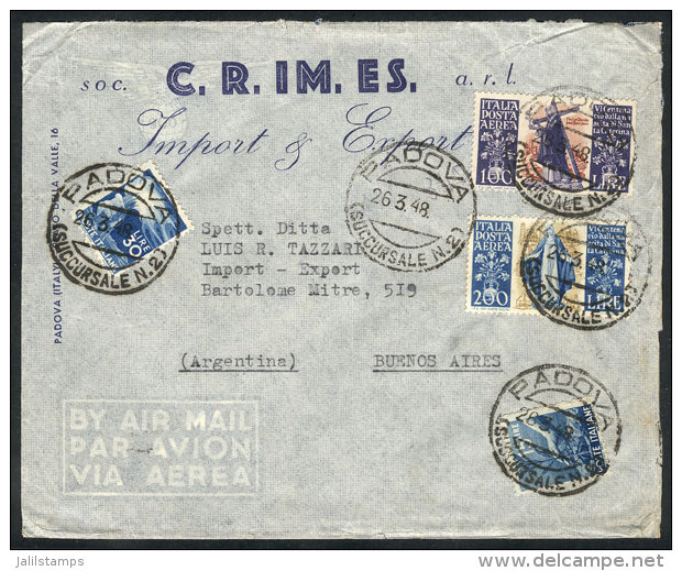 Airmail Cover Sent From Padova To Argentina On 26/MAR/1948, Franked With 345L. Including The SANTA CATERINA Airmail... - Non Classificati