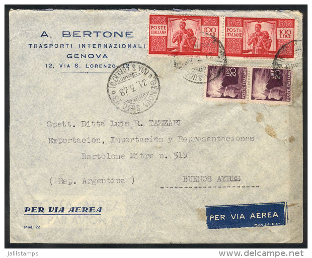 Airmail Cover Franked With 240L. Including Pair Of 100L. Democratica, Sent From Genova To Argentina On 31/MAR/1948,... - Non Classificati