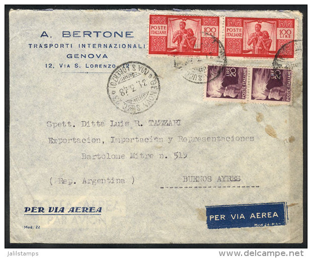 Airmail Cover Franked With 240L. Including Pair Of 100L. Democratica, Sent From Genova To Argentina On 31/MAR/1948,... - Non Classés