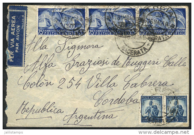 Airmail Cover Sent To Argentina On 16/MAY/1949, Franked With 160L. (50L. UPU 75 Years Of 1949 In Strip Of 3 + Other... - Non Classés