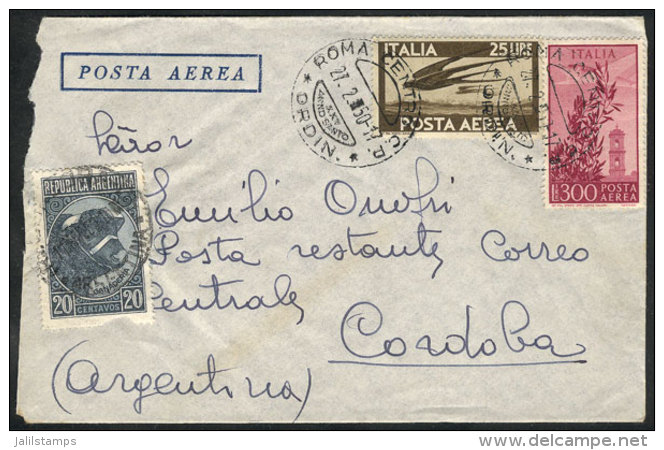 Airmail Cover Sent On 27/FE/1950 From Roma To POSTE RESTANTE, C&oacute;rdoba (Argentina), With 20c. Stamp To Pay... - Non Classés