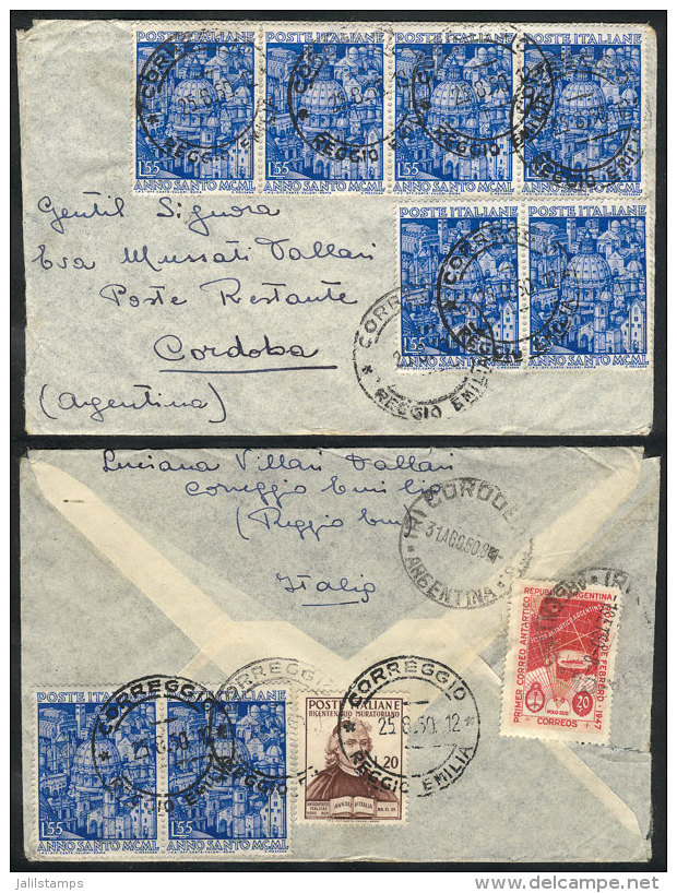 Airmail Cover Sent From Correggio To Argentina On 25/AU/1950 With Spectacular Postage Of 460L. Consisting Of... - Non Classificati