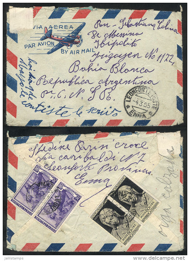 Airmail Cover Sent From Leonforte To Argentina On 4/MAR/1955, Franked With 200L. (pair Sassone 752 + Other Values)... - Non Classés