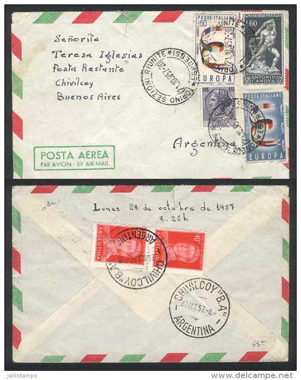 Cover With Nice 4-color Postage Of Commemorative Stamps (3) Sent To Argentina On 21/OC/1957, With Pair Of 40c.... - Non Classificati