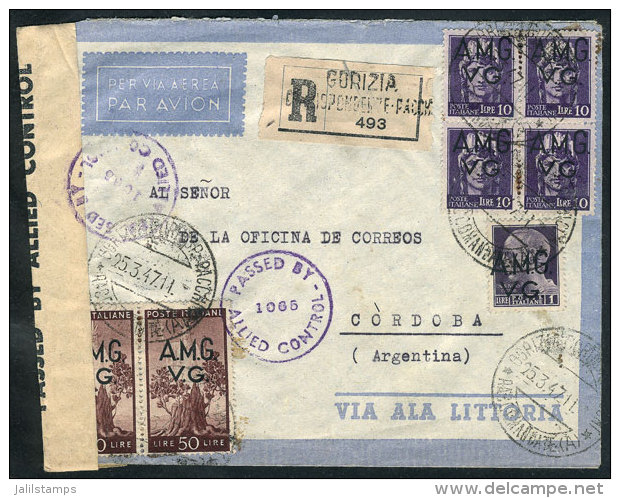 Registered Airmail Cover Sent From Gorizia To Argentina On 25/MAR/1947 Franked With 141L., Including Pair Sassone... - Altri & Non Classificati