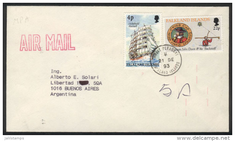 Cover Sent From Mount Pleasant To Buenos Aires On 21/DE/1993 Franked With 26p., VF Quality! - Falkland