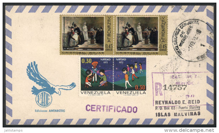 Cover Sent By Airmail From Venezuela To Port Stanley, It Arrived In Buenos Aires On 1/FE/1973 Where It Received The... - Falklandinseln