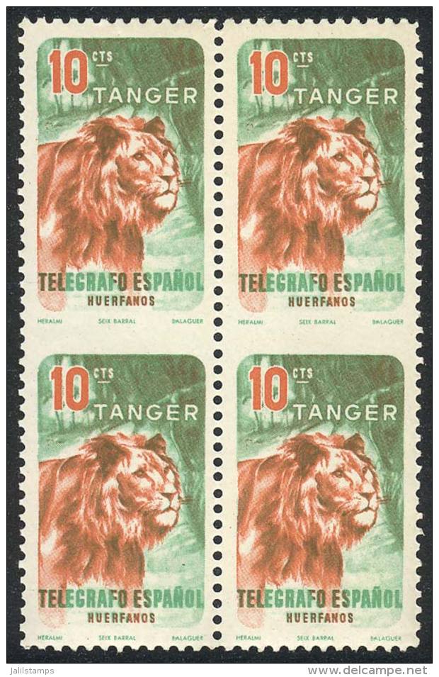 10c. LION, Block Of 4 With Variety IMPERFORATE Horizontally In The Middle, Excellent Quality. - Maroc Espagnol