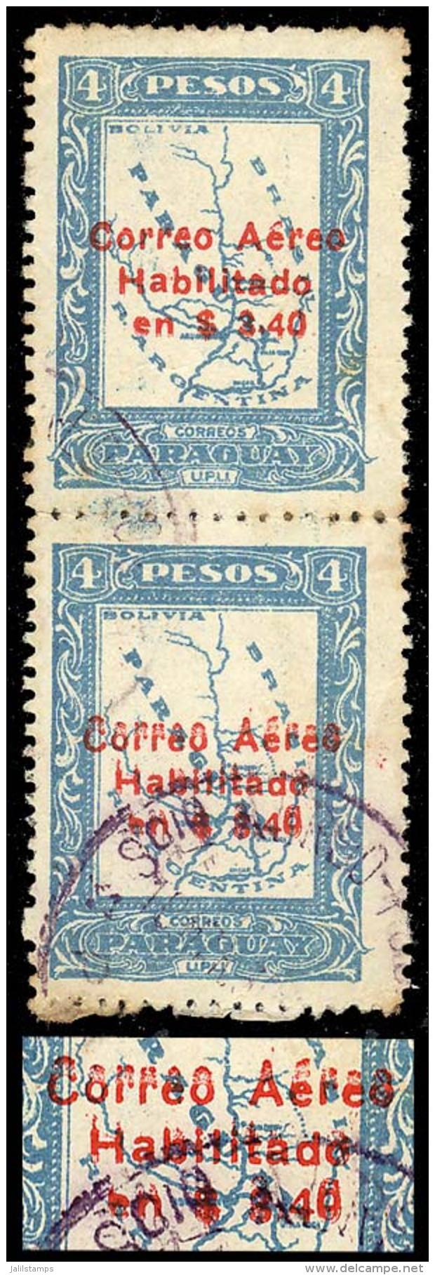 Sc.C5, Vertical Pair, The Lower Stamp With DOUBLE OVERPRINT Variety, VF Quality, Very Rare! - Paraguay