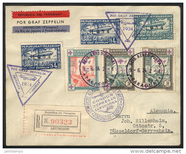 Cover Flown By ZEPPELIN, Sent From Asunci&oacute;n To D&uuml;sseldorf On 9/JUN/1934, Handsome Postage (with Little... - Paraguay