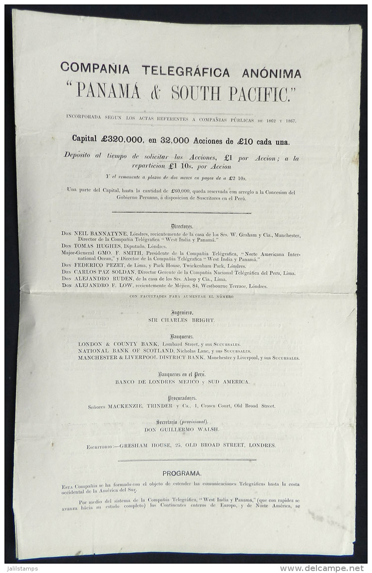 Brochure Of 1870 Promoting The Purchase Of Shares Of The Telegraph Co. "Compa&ntilde;&iacute;a Telegr&aacute;fica... - Pérou