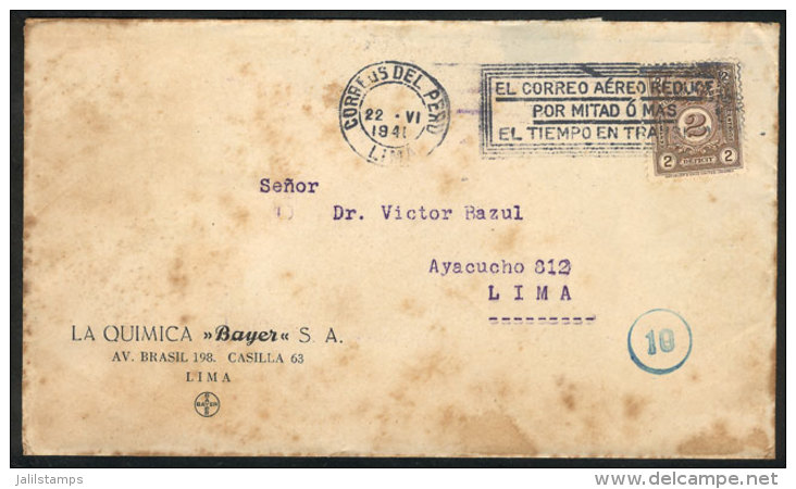 Cover Used In Lima On 22/JUN/1940, Franked With D&Eacute;FICIT Stamp Of 2c. (Scott J55) Used As Postage, Scarce,... - Perù