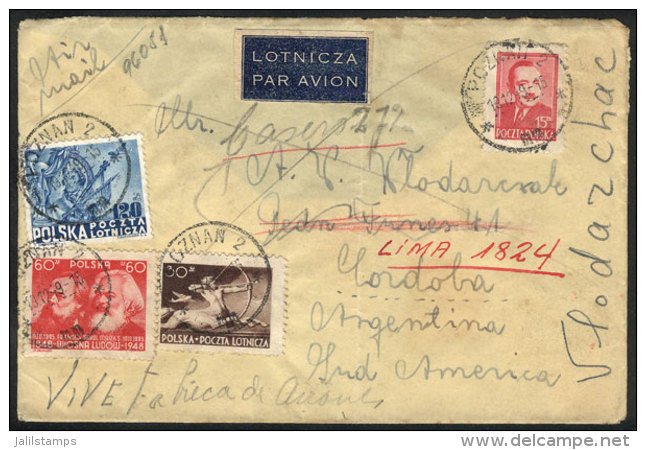 Airmail Cover With Good Postage Sent From Poznan To C&oacute;rdoba (Argentina) On 19/DE/1949, The Addressee Had... - Autres & Non Classés