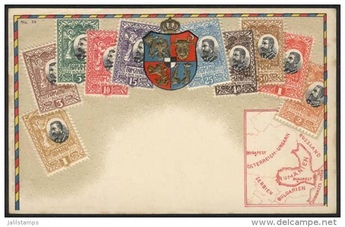 Old PC Illustrated With View Of Postage Stamps And Coat Of Arms, VF Quality! - Rumania