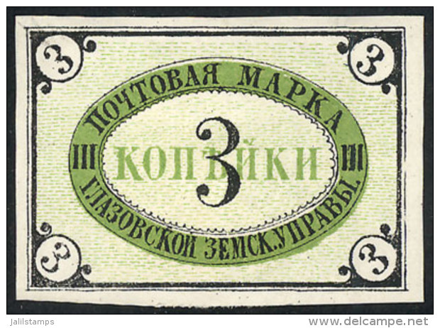 GLAZOV: 1875 3k. Green And Black, Good Margins, Mint Original Gum (with Some Adherences From The Album On Gum, Else... - Zemstvos