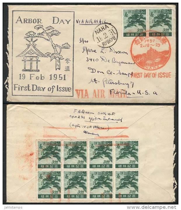 Cover Franked By Sc.15 X10 (2 On Front, Block Of 8 On Reverse), Sent From Naha To USA On 19/FE/1952, First Day... - Ryukyu Islands