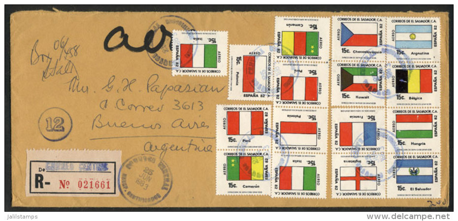 Registered Cover Sent To Argentina On 25/JUN/1983, Nice Postage With Many Stamps Of The 1982 Football World Cup... - El Salvador